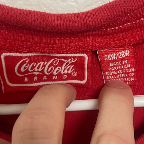 Vintage Coca Cola Sewn Logo Blue Bottle Cap Logo Red V Neck T Shirt 26W 28W - Picture 4 of 6
